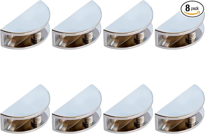 8-Pack Adjustable Metal Shelf Brackets, Semi-Circular Glass Clips, Wall Mount Support Clamp Holder for 8-12mm Shelves in Bathroom, Kitchen, Closet & Living Room, Chrome Plated Cabinet Hardware