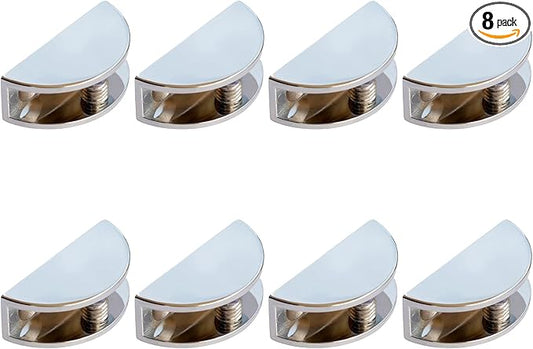 8-Pack Adjustable Metal Shelf Brackets, Semi-Circular Glass Clips, Wall Mount Support Clamp Holder for 8-12mm Shelves in Bathroom, Kitchen, Closet & Living Room, Chrome Plated Cabinet Hardware