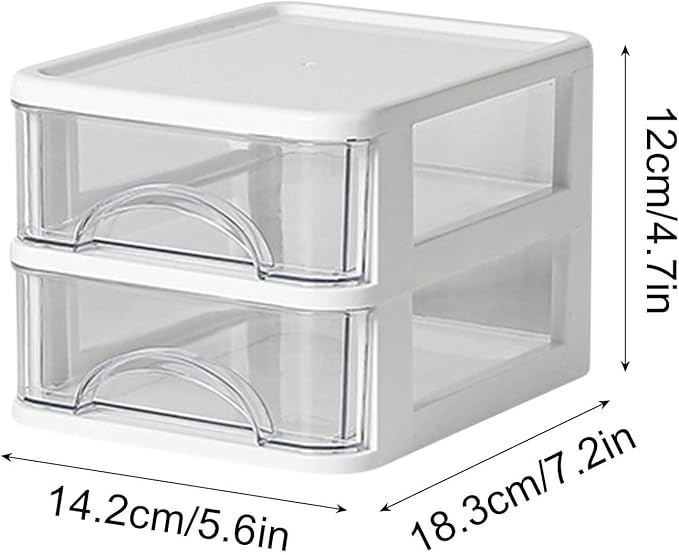 Mini Desktop Drawer Plastic White Frame with Clear Drawers Small Storage Drawers Containers Multi-layer Storage Organization Units for Storing Arts, Crafts, Sewing Accessories, Stationary (2 Layers)