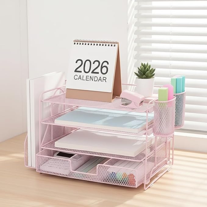 Metal Desktop File Organizer Multi Tier Pull Out Document Tray Office Desk Storage Rack for Files Paper and Stationery Durable Iron Mesh Pink 1 Pack