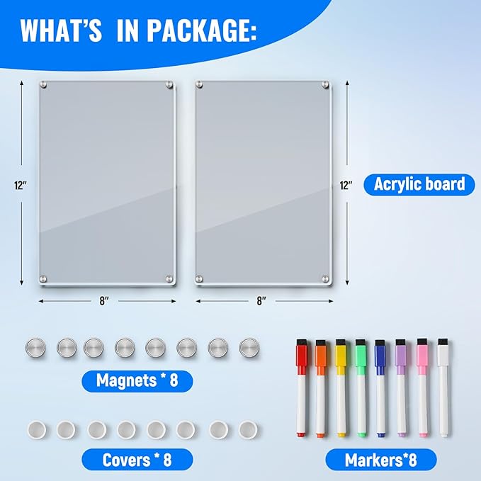 2 Pack 12''*8'' Acrylic Magnetic Whiteboard for Fridge, Clear Dry Erase Menu Board for Refrigerator with 8 Markers, Magnetic Planning Board for to Do List/Shopping List, Meal Planner for Kitchen