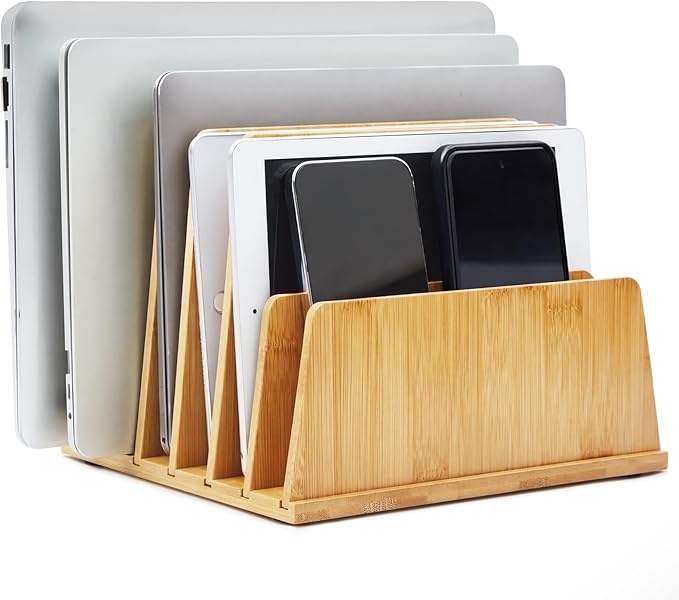 Unittype Bamboo Multi Device Organizer, 7 Slots Vertical Laptop Storage Rack, Computer Charging Station for Smartphones, Tablets and Laptops, Space Saving Organizer for Home Office