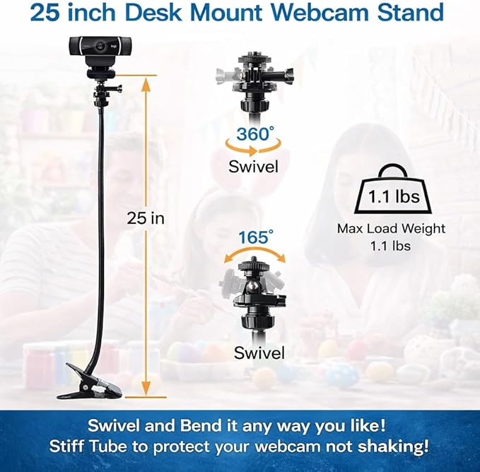 Universal 25 Inch Webcam Stand, Flexible Desk Mount Clamp Gooseneck Stand for Webcam, Camera, Microphone with 1/4" Tread