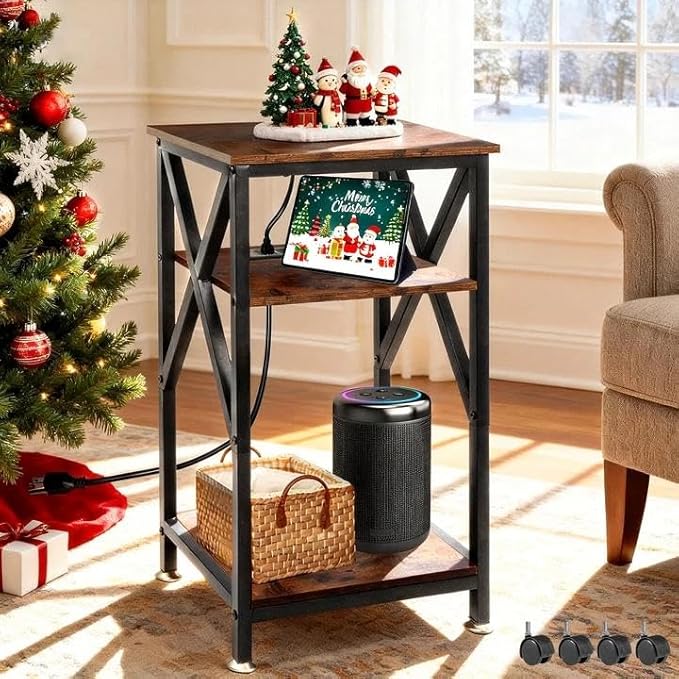 TooCust 3 Tier End Table with Charging Station, 16" W x 12" D x 28" H, Metal and Brown Bedside Table with USB Ports and Outlets, X-Shaped Side Tables with Wheels for Living Room, Bedroom, Kitchen