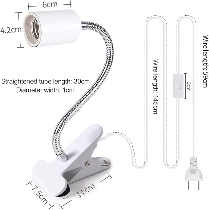Clip on Light E26/E27 Metal Clamp Light Socket with Plug and Switch 360° Flexible Rotatable for Bedside Office Basement Reptile Plant Illumination Clip Lamp White (No Bulb)