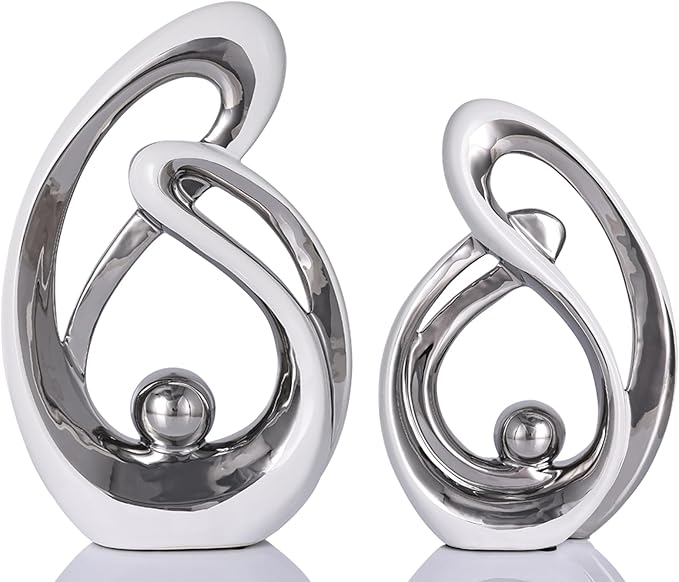 Silver Ceramic Home Decor, Ceramic Abstract 2 Piece Set, Mid-Century Modern Art Decor and Accessories, Living Room Coffee Table Dining Table Center Foyer Entry Table Decoration