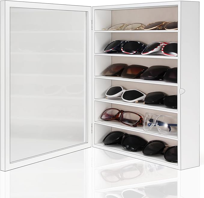 TJ.MOREE Sunglasses Organizer Storage Wall Mounted: 13 x 15.6 inches Eyewear Display Case 6 Tier Rustic Wood Eyeglasses Holder Large Glasses Storage Box, White