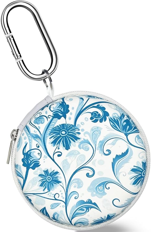 Earbud Case Headphone Organizer Ear Bud Case Portable EVA Carrying Box Storage Bag with Carabiner for AirPods Beats Bose Galaxy Buds 4/3/FE Data Cable Storage (Blue Floral)