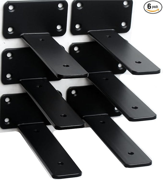 6 Pack - 5 inch Black Hidden L Shelf Bracket (1/5 Inch Thicked) Iron Floating Shelf Brackets Rustic Industrial Metal Brackets for Shelf Support