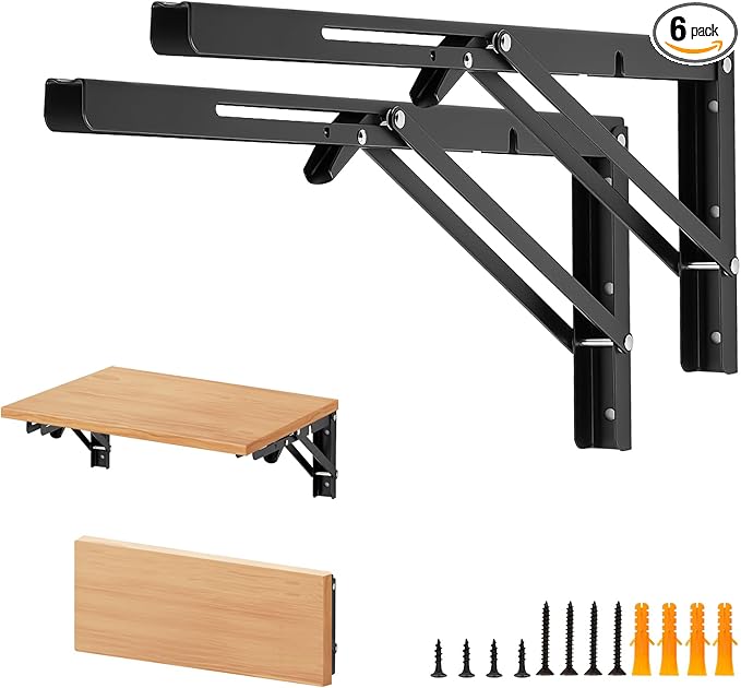 Home Expert 18 Inch Folding Shelf Brackets, 6 Pack (3 Pairs) Heavy Duty Metal Collapsible Wall-Mounted Brackets, Space-Saving DIY Foldable Shelf for Benches and Tables, Matte Black
