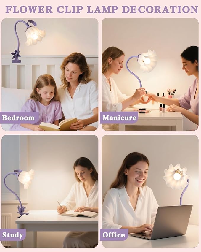 WERFOP Flower Desk Lamp with Clamp - School Dorm Supplies, 3 Color Modes Flower Eye-Caring Clip on Light, Flexible Neck Reading Lamps for Home College Studying Room Bedside (Purple)