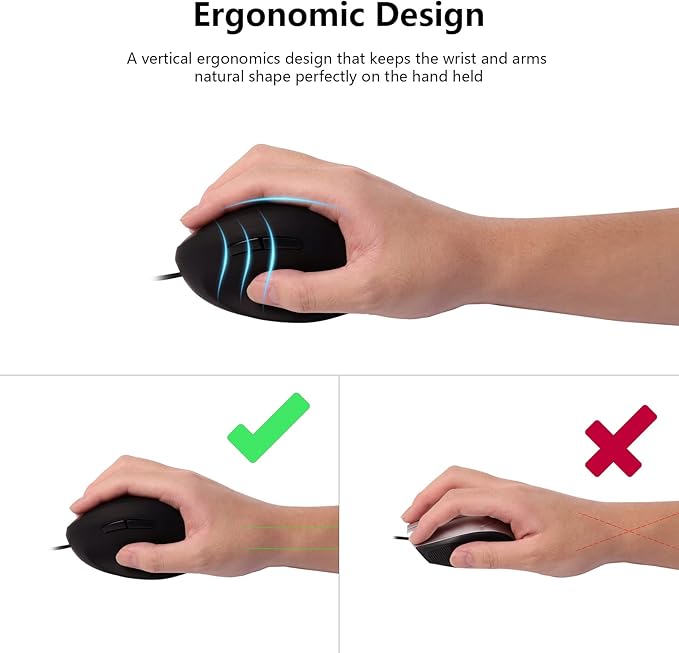 Wired Mouse Vertical Ergonomic Optical Mouse USB Mice Corded Mouse for Computer/Laptop/PC/Desktop/Mac/Office/Desktop, Better for Small Medium Sized Hands, with Cord, with Side Buttons, Gifts