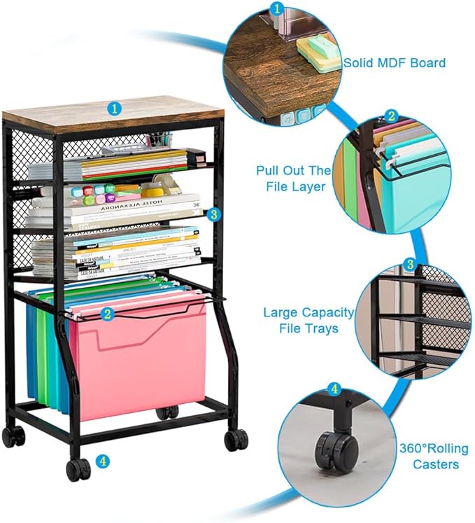 INGIORDAR 5-Tier Rolling File Cart, Under Desk Storage Organizer with Lockable Wheels & Mesh Sliding Trays, Multi-Functional Mobile Utility Cart for Office, Home, School, Black