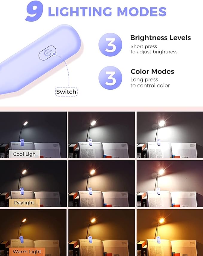 Rechargeable Book Light for Reading in Bed, 80H Reading, 3 Brightness Levels & 3 Color Temperatures, Lightweight Flexible Clip on Reading Lights for Books in Bed