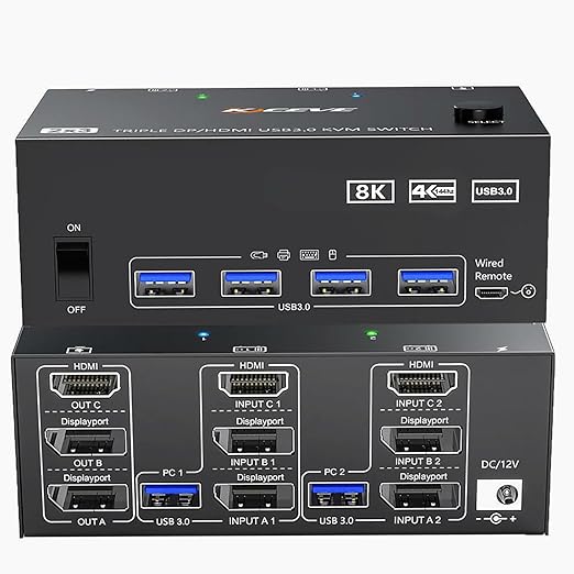 8K@60Hz HDMI DisplayPort KVM Switch 3 Monitors 2 Computers 4K@144Hz Triple Monitor KVM Switches 2 PC Share 3 Monitor and 4 USB3.0 Devices with 2 DP+1 HDMI+2 USB Cables/Power Adapter/Controller