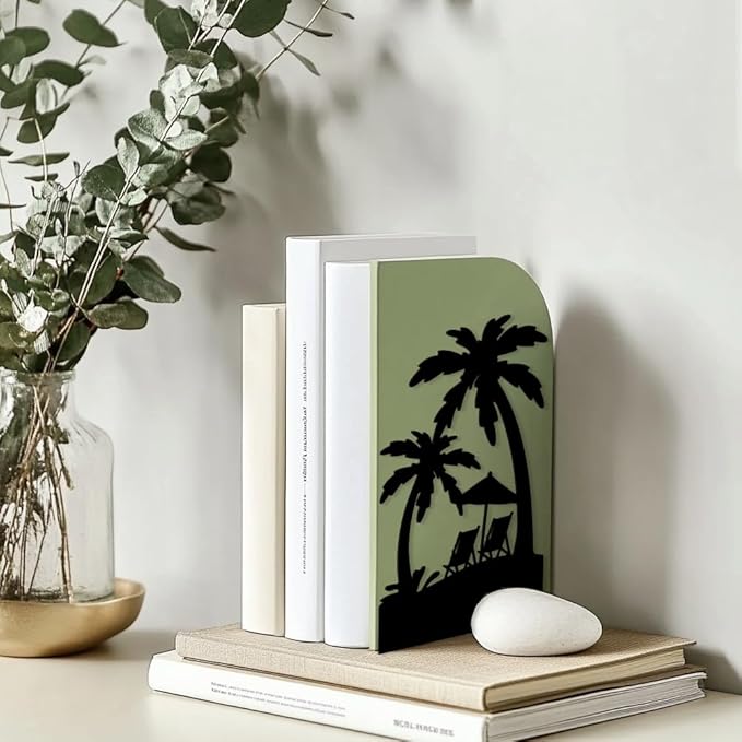 Peacoblue Metal Bookends for Shelves, Modern Decorative Heavy Duty Study Book Support Stoppers for Office, Desk, Shelf, Room 5.3"x4.3"x7.9" Cast Iron Simple Tall Bookends, 1 Pair (Beach and Palm)