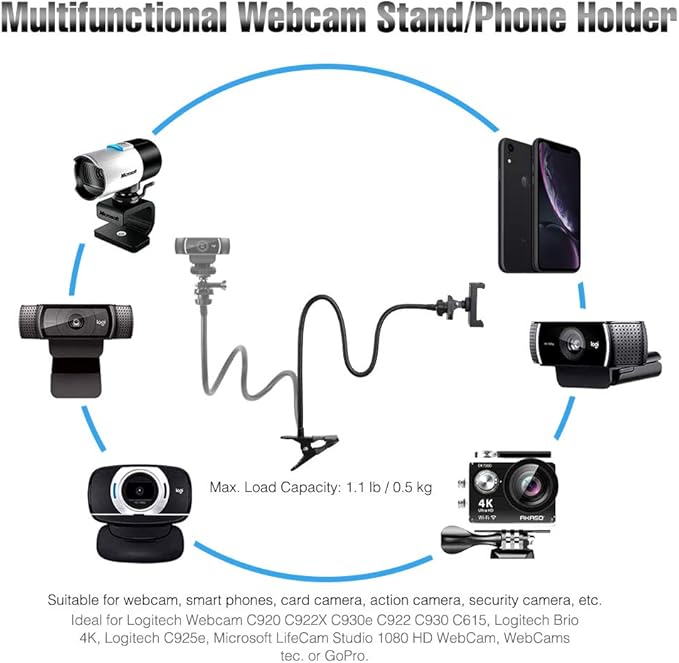 Webcam-Stand-Mount Phone Camera Desk-Clamp-Holder - 27 Inch Flexible Gooseneck Arm Mount Stand for Phone Gopro Hero Webcam C922 C930 C930e C920 Brio 4K C615 C922x C925e C920s C270 C310