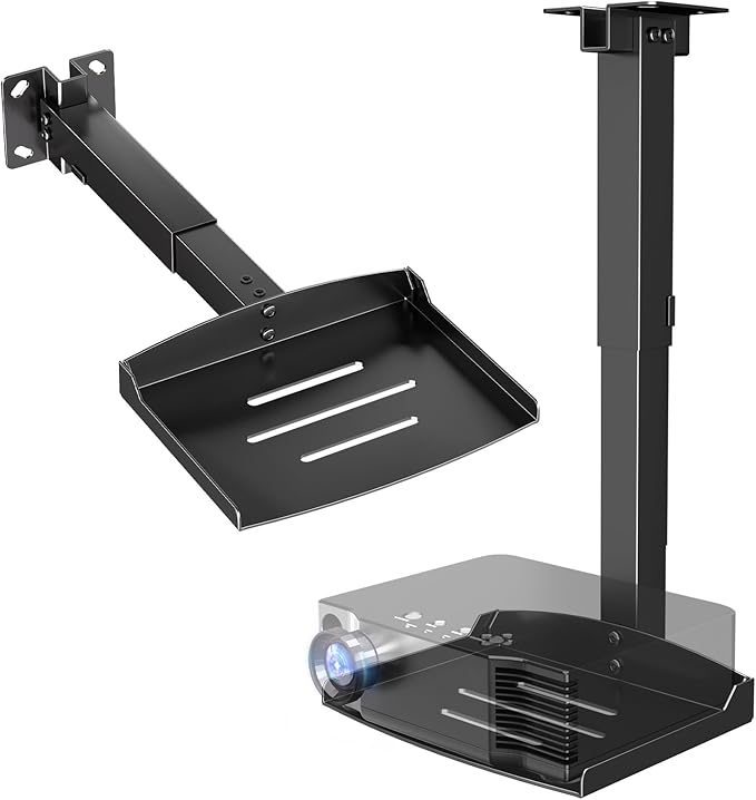PUTORSEN Adjustable Projector Ceiling Mount,Universal Projector Shelf for Ceiling and Wall, Holds up to 22lbs，No Hole Installation, Hidden Cable Routing, Black（S）