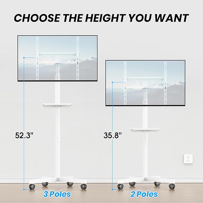 Mobile TV Cart for 23-60 Inch LCD LED OLED Flat Curved Screen TVs - Height Adjustable Rolling Floor Stand with Shelf and Locking Wheels - Up to 88lbs, Max VESA 400x400mm, White