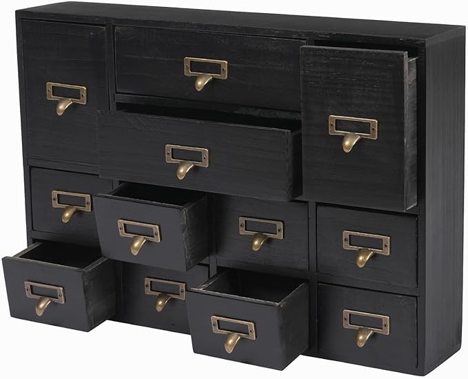 Vintage Desktop Apothecary Cabinet with 12 Drawers,Wood Desktop Organizers Stackable Drawers Desktop Chest Drawer for Herb Storage,Tea Collection,Stationery (12 Drawers,Black)