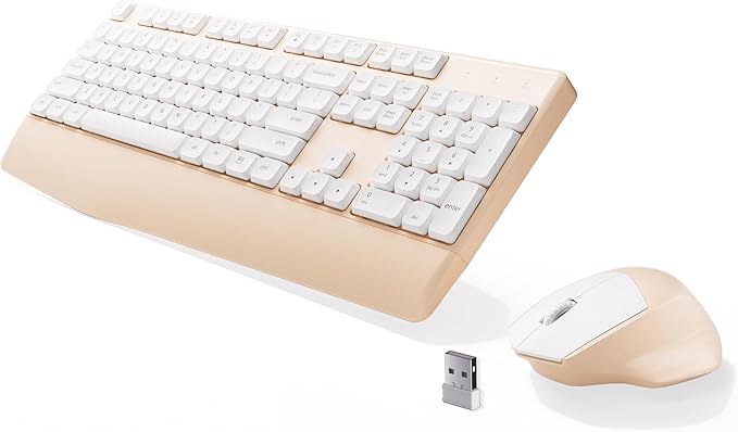 MPTOG Ergonomic Keyboard and Mouse Combo with Wrist Rest, BK Chipset, Full-Size Colorful Office Keyboard and Mouse, Power Button, USB Receiver for PC Laptop (Khaki White)