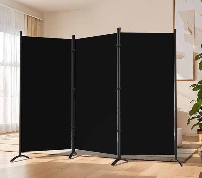 Grezone Large Folding Panel Portable Stand Room dividers Privacy Screen for Bedroom Dining Room Screens Curtains Partition Home Office Dorm Separation (Black, Three Panel)