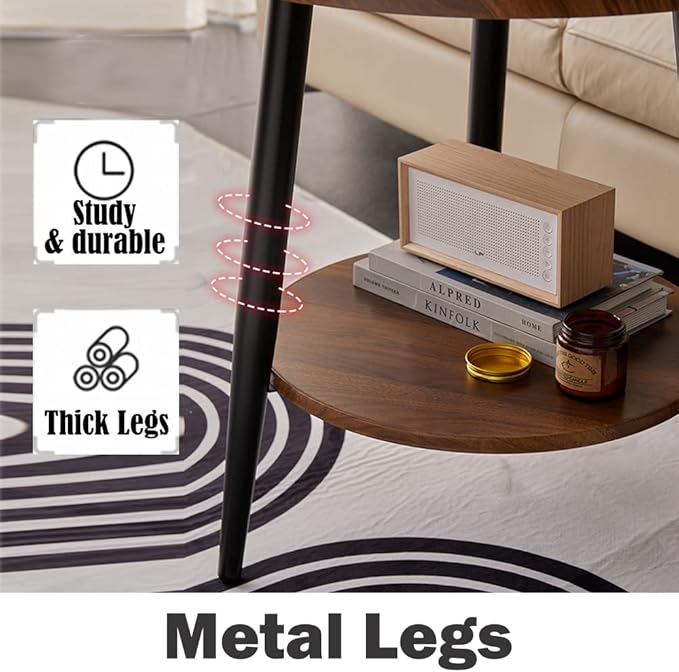 Small Round Side Table, 2-Tier Mid Century Modern Side Table, Round End Table Small End Table for Living Room, Metal Frames, Brown