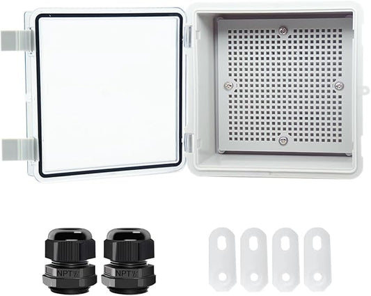 Junction Box, Hinged Clear Cover IP67 Waterproof ABS Project Box with 2 NPT 1/2" Cable Gland, Electrical Box Enclosure with Mounting Plate & Wall Bracket 5.9 x 5.9 x 3.5inch(150x150x90mm)