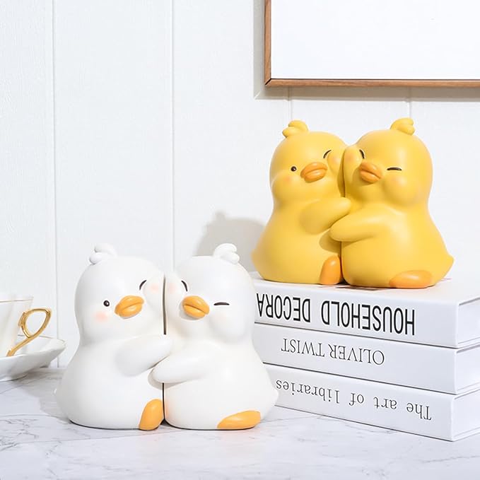 Cute Hug Ducks Decorative Bookends, Unique Book Ends to Hold Books Creative Resin Book Holder Stopper for Home Office Desk Bookshelf Decoration