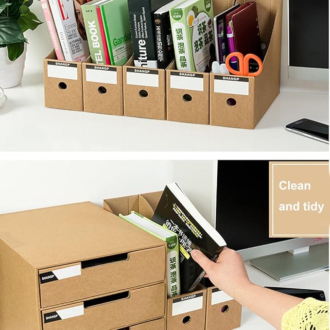 Foldable Desk File Holder Organizer Sturdy Cardboard Magazine Storage Box Document Rack with Blank Label Stickers for Home School Office (15, Brown)