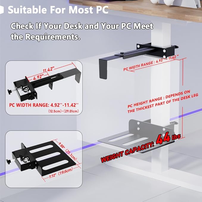 Under Desk PC Mount，No-Drill PC Holder for Standing Desk，Width Adjustable Under Desk Computer Mount with Extra Protective Arms，Holds Up to 44lbs with Anti-Slip Mat Design for Home and Office