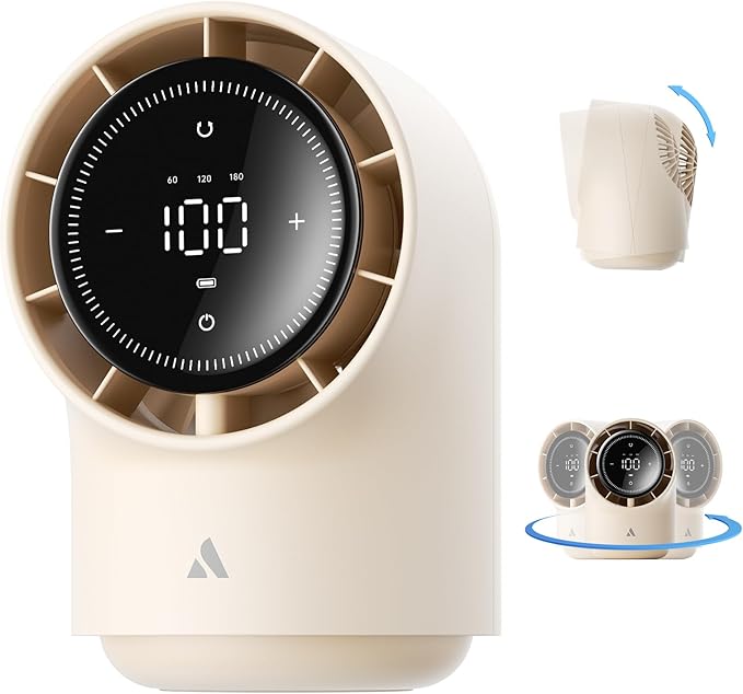 Aecooly Touch Control Desk Fan, 100 Speeds Quiet Bedroom Digital Display 8000mAh 3 Oscillation Angles Battery Powered Small Desktop Table Fan for Bedroom, Bedside, Office, Travel -Beige