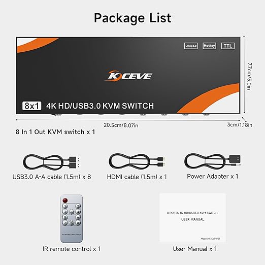 KVM Switch 8 Computers 1 Monitor HDMI 4K@60Hz, Reyoten USB 3.0 HDMI KVM Switch for 8 Computers Share 1 Monitor and 4 USB Devices with Hotkey, KVM Switches with IR Remote Control