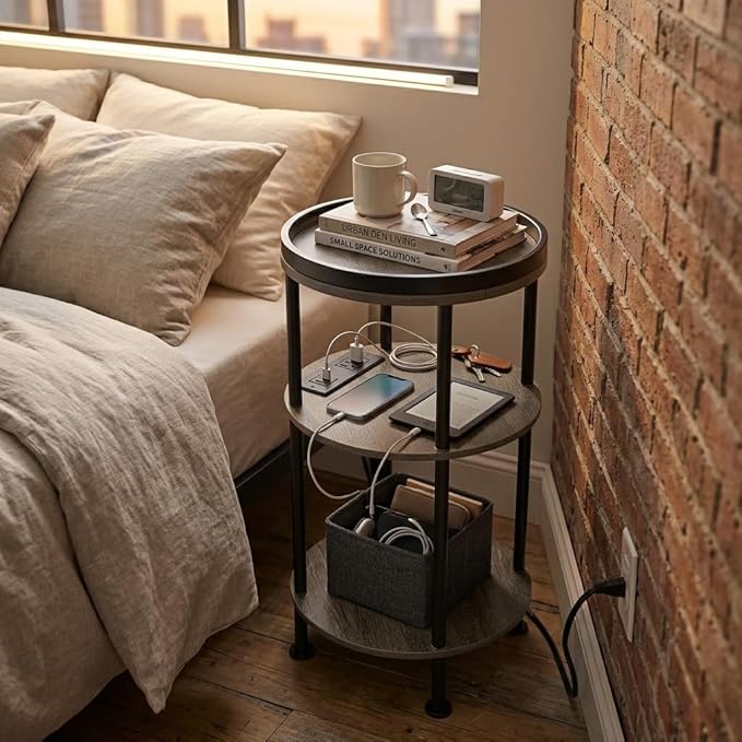 Small Round Side Table with Charging Station for Small Spaces, 3-Tier Accent Table with USB Ports & Power Outlets, Sofa Corner Tea Table for Living Room Nightstand Bedroom Apartment (Grey)