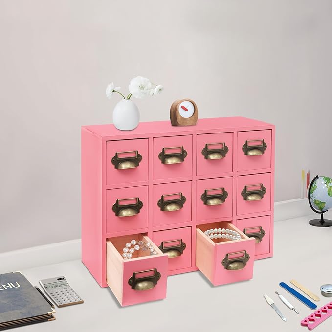 12 Drawer Drawers Storage Cabinet, Wooden Medicine Cabinet Desktop Drawer Organizer Herb Storage Box with Solid Wood Build & No Assembly for organize spices medicines jewelry cosmetics(Pink)