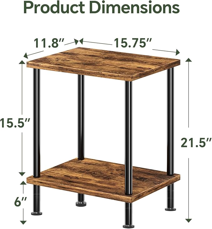 Simple Trending Side Table, Small End Table Living Room, Nightstand with 2 Tier Storage Shelves, Rustic Brown