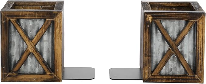 MyGift Rustic Decorative Bookends, Book Ends for Shelves with Pen Holder, for Home Office Classroom, Dorm Room, Desk, Burnt Wood with Corrugated Galvanized Metal Accent