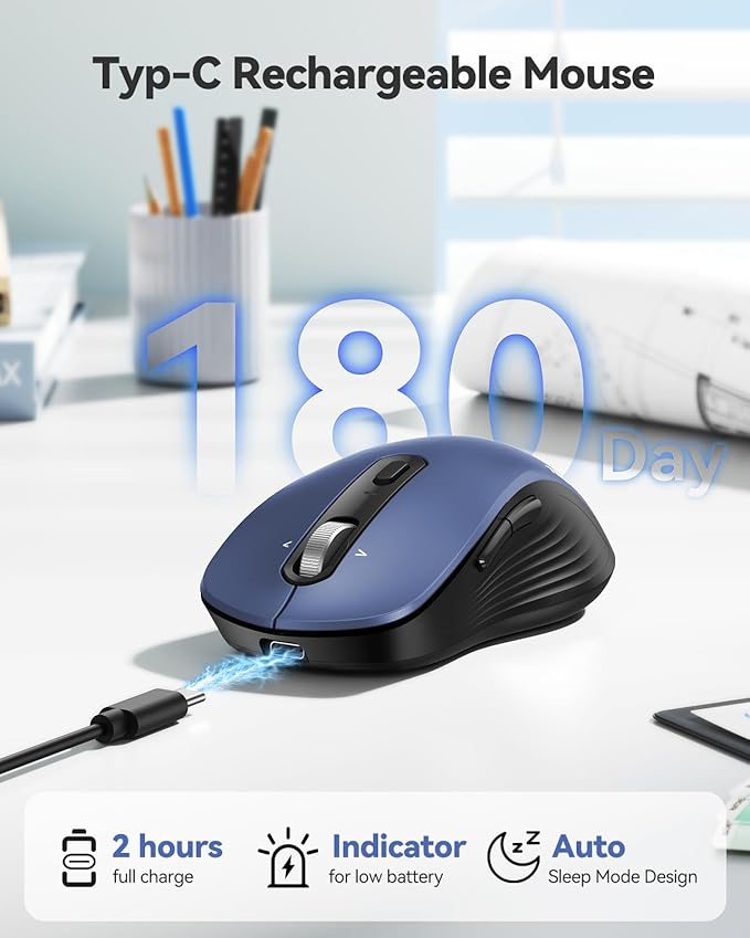 TECKNET Rechargeable Bluetooth Mouse, [ USB + BT5.0 + BT3.0 ] Wireless Mouse, Ergonomic 4-Way Scroll Wheel Computer Mice, 6-Level 4800 DPI Silent Mice, Multi-Device for Computer/Laptop/MacBook (Blue)
