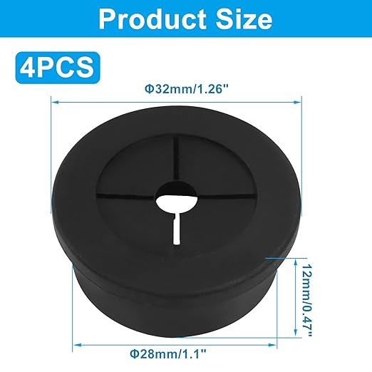 4 Pcs 1-1/8 Inch (28mm） Cable Grommet, Flexible Rubber Wire Hole Cover Pass Through for Office Computer Desk, Cabinet & Furniture Wire Organizer, Black