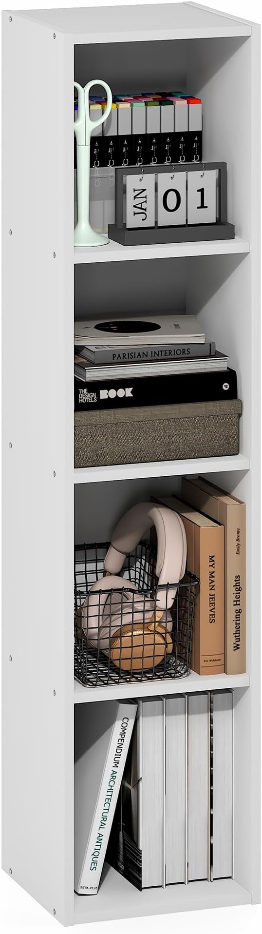 Furinno Fulda Book Shelf, 4-Tier Narrow Bookshelf, Standing Bookcase with 10-in Width Storage Shelf, 9.3 x 9.8 x 41.6, for Organization and Storage, for Living Room, Bedroom, Home Office, White