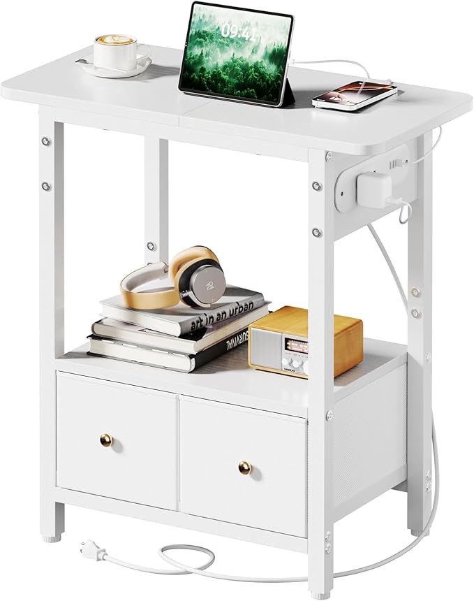 HLDIRECT Nightstand with Charging Station, Bedside Table with 2 Fabric Drawers and Large Storage Shelf for Small Space, End Table with Outlet and USB Ports for Living Room, Bedroom (White)