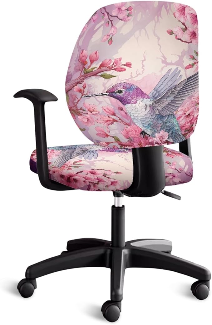 GLENLCWE Pink Hummingbird Flower Office Chair Cover,Modern 2Pack Desk Chair Covers Washable&Stretch Computer Chair Slipcovers for Home Office
