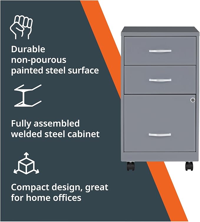 NuSparc Mobile 3 Drawer Locking Pedestal File Cabinet | Pre-Assembled Steel Construction | Perfect for Small and Home Office | Letter-Size | Assembled in USA