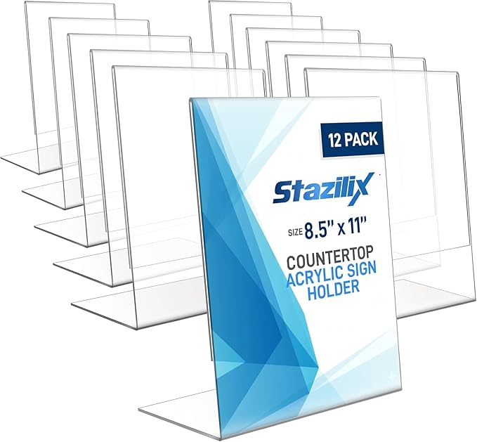 Acrylic Sign Holder 8.5 x 11 (12 Pack) - Plastic Sign holder 8.5 x 11 standing L-Shaped - Vertical Menu Holder Stand, Flyer Display Stand, Table Paper Holder, Plastic Sign Display Stand for Restaurants, Store, Office