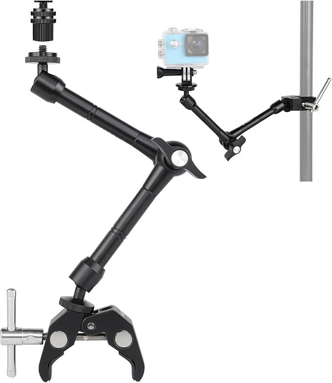 UTEBIT 11" Adjustable Magic Arm with Super Clamp, 360 Ball Heads with ARRI 1/4" & 3/8" Thread Screw for Flash/LED Light/Microphone/Monitor, Compatible with SmallRig Camera Cage, Max Load: 4.4lb/2kg