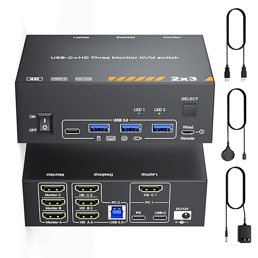 KVM Switch 3 Monitors 1 Laptop & 1 Desktop, Reyoten 4K HDMI USB Switch,3 Monitors for Laptop with 3 USB 3.0 Ports, 4K Hub for 2 PCs to Share Monitor, Keyboard, Mouse & Printer