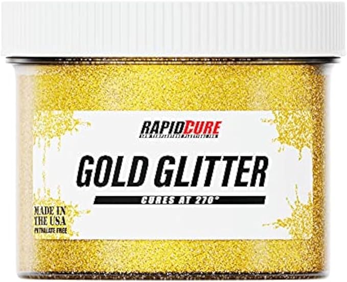 Rapid Cure® Screen Printing Ink Gold Glitter (8 oz.) - Plastisol Ink for Screen Printing Fabric - Low Temp. Curing Plastisol by Screen Print Direct - Gold Glitter Silk Screen Printing Ink