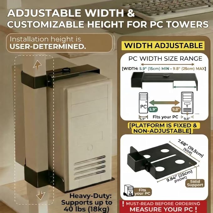 Under Desk PC Mount & CPU Holder, No-Drill Clamp-On Stand for Standing Desk (Fits 65x45mm Square Legs), Adjustable Steel Computer Tower Holder, Heavy-Duty 40lbs/18kg, Black