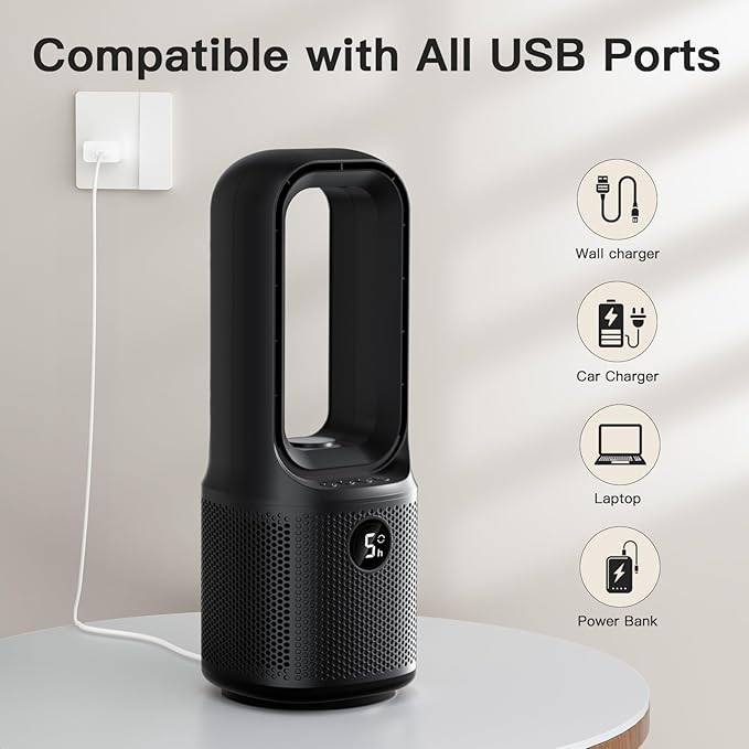let'me Bladeless Desk Fan Small Quiet, 5-Speed Bedside Table Fan with 3-Level Brightness Night Light, 72° Oscillation, 9-Hour Timer, Wired Power with Adapter, Fan for Bedroom Office Home, 13x5 Inch
