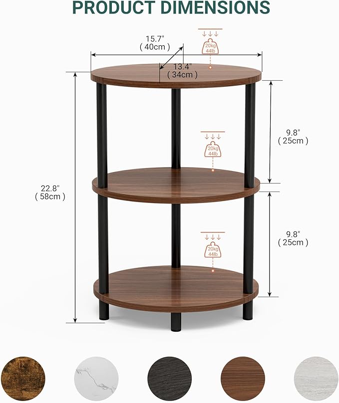Round Pedestal End Table - 3-Tier Oval Accent Table for Small Spaces, Rustic Wood and Metal Couch Side Table, Nightstand for Bedroom or End Table Living Room, Easy to Assemble, Rustic Walnut